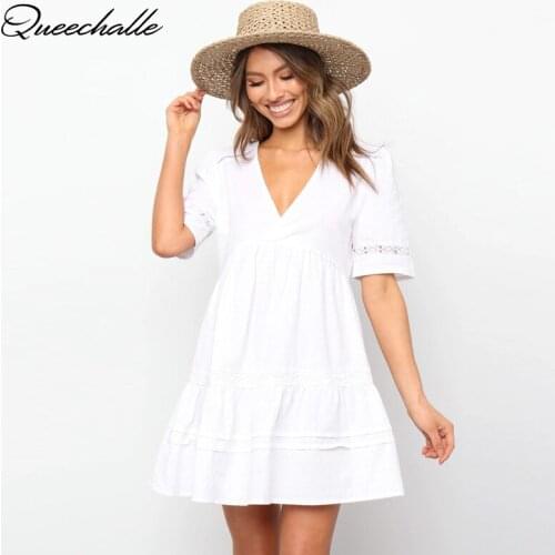 Sexy V Neck Women Dress Summer Casual Hollow Out Short Sleeve Lace Patchwork A Line Dress Ladies High Waist Loose White Dresses