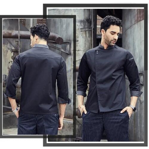 Long Sleeves Restaurant Uniform Stand Collar Chef Jacket Coat Kitchen Work Wear Catering Cook Baking Pants Men Pocket Clothes