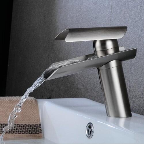 Vidric Brushed Nickel Basin Faucet Waterfall Faucet Bathroom Faucet Bathroom Basin Mixer Tap with Hot and Cold Water crane