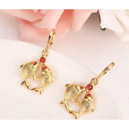 Goldcz crystal red stonefish Dangle Earrings Women Fashion Jewelry Gold Metal Drop Earrings For girls kids Gifts wedding bridal