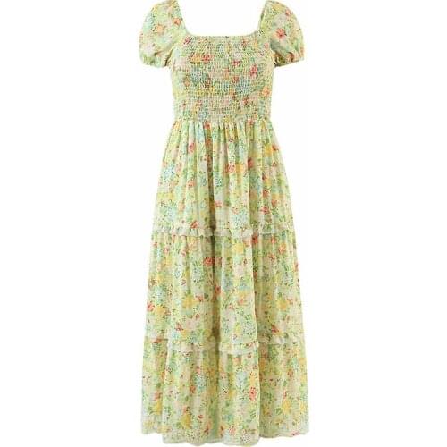 YENKYE Summer 2021 Women Floral Print Holiday Party Dresses Sexy Square Neck Puff Sleeve Vestido Elegant Ladies Boho Dress Robe