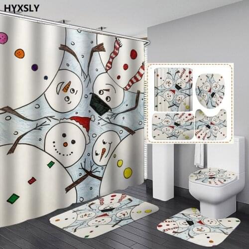 Snowman Lovely Printing Shower Curtain Floor Mat and Toilet Lid Cover Set Kitchen Polyester Waterproof Bathroom Decoration Cover