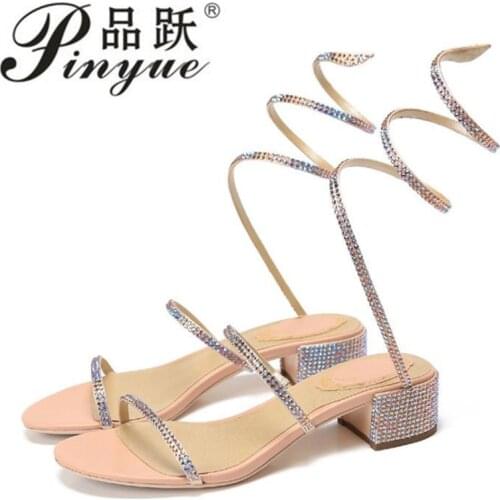 Serpentine Square Heel Sandals Women Champagne Satin Cloth Shining Rhinestones Sexy Thick Heel Women Shoes Fashion Fairy Sandals