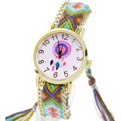 Gnova Platinum Watch Women Pink Dreamcatcher wristwatch Ethnic Bracelet Vintage Watch Fabric Lace quartz clock para femme A009