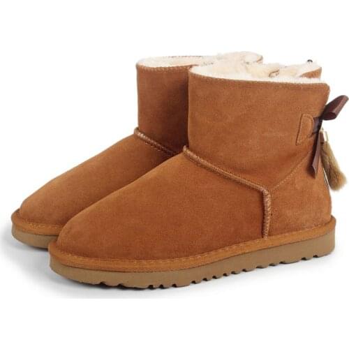 Cowhide Leather Short plush Fur Lined Women Short Winter Suede Snow Boots with Bowknots Mink Tassels Warm Shoes
