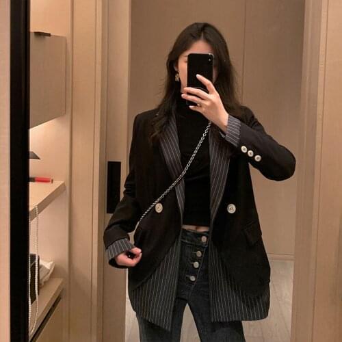 2020 Autumn Winter Women Striped Irregular Blazer Female Lapel Long Sleeve Loose Korean Styles Fit Fashion Jacket Coats Q214