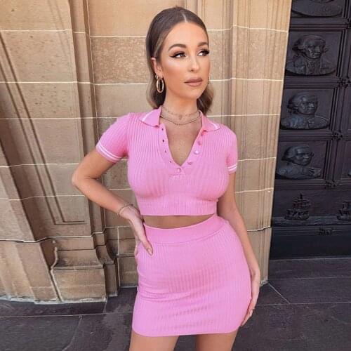 Colysmo Ribbed Knitted Mini Skirt Two Piece Set Women Short Sleeve Crop Top Bodycon Skirts Set Blue Summer Clothes 2 Piece 2020