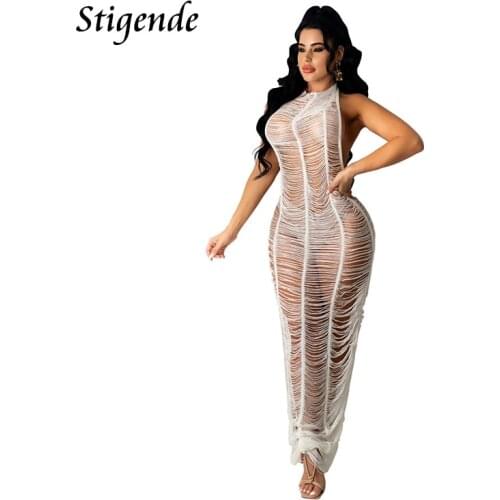 Stigende Women Sexy Knit Swimwear Backless Crochet Maxi Dress Cover Up Summer Long Beach Dress Vacation Hollow Out Mesh Sundress