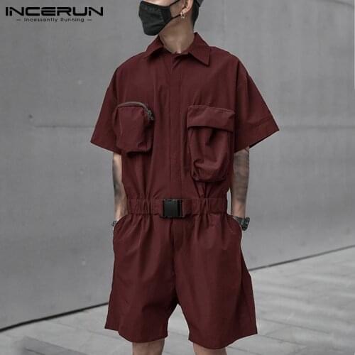 2021 Fashion Men Cargo Overalls Solid Color Streetwear Lapel Short Sleeve Rompers Pockets Summer Casual Jumpsuits S-5XL INCERUN
