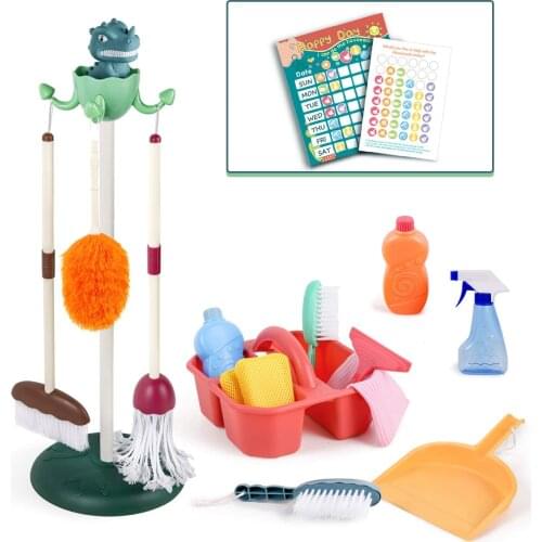 Kids Cleaning Playset Toddler Broom Mop Dustpan Dinosaur Stand Organizer Birthday Gift for 2 3 4 5 6 Years Old Boys Girls