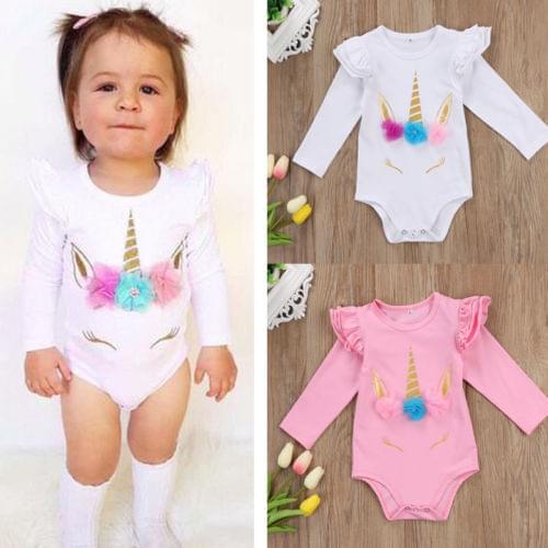 Emmababy 2019 Newborn Infant Baby Girl Unicorn Floral Bodysuit Soft Cotton Long Sleeve Summer Pullovers Clothes Outfits