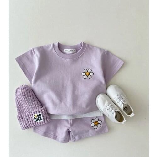 Korean Baby Kids Short Sleeve Clothing Sets Boys Girls Cotton Tshirt Short Sets Flower Tops + Shorts 2pcs Children Clothes Sets
