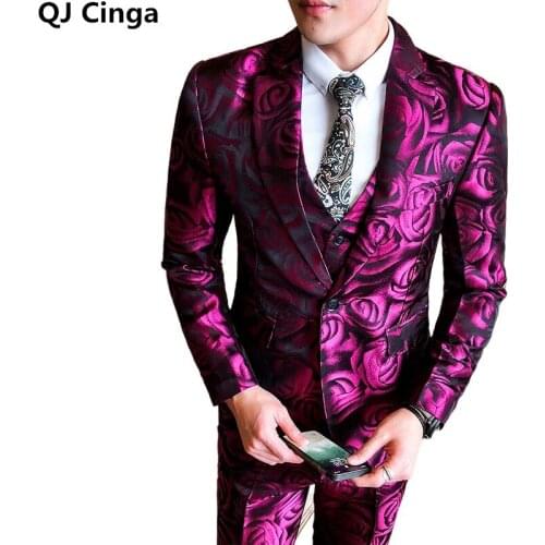 Red Rose Dress 3 Piece Men Business/Wedding/Party Man Blazer Coat Pants Vest Plus Size Mens Clothing S- 5XL 6xL