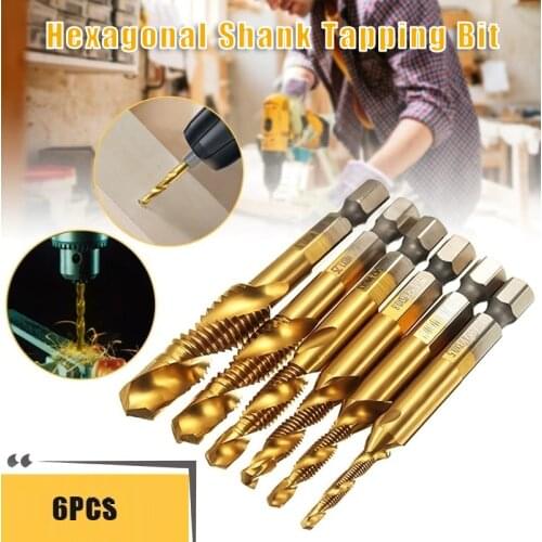 6pcs Thread Bits Kit 6 Pack High Speed Steel Combination Drill Tap Bit Set Hex Shank Thread Drill Accessory PR Sale
