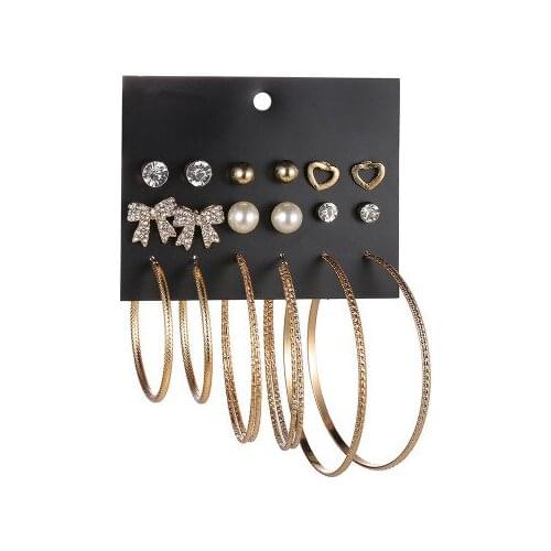 New Korean Earrings Bow Love Circle Earrings Exaggerated Imitation pearls Crystal Ear Stud Set