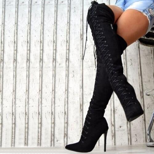 New Womens Autumn and Winter High Heel Long Boots Solid Color Suede Bandage Pointed High Ladies Boots Knee High Boots Women