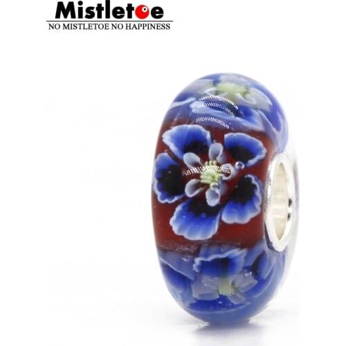 Mistletoe Jewelry 925 Sterling Silver Large Hole Blue 3D Flowers Murano Glass Charm Bead Not Original Fit European Bracelet