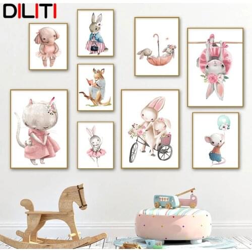 Nordic Elephant Rabbit Balloon Cat Mouse Canvas Painting Kangaroo Flower Hat Posters and Prints Wall Art Pictures Kids Room
