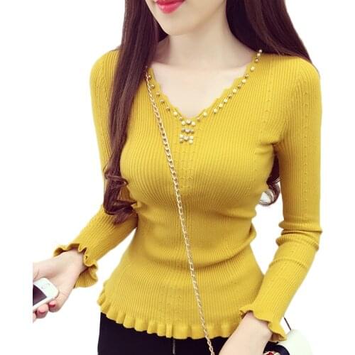 Spring Autumn Women Sweater 2020 New Fashion Beading V-neck Knitted Tops Solid Slim Elasticity Knit Pullover Sweater Female Y87