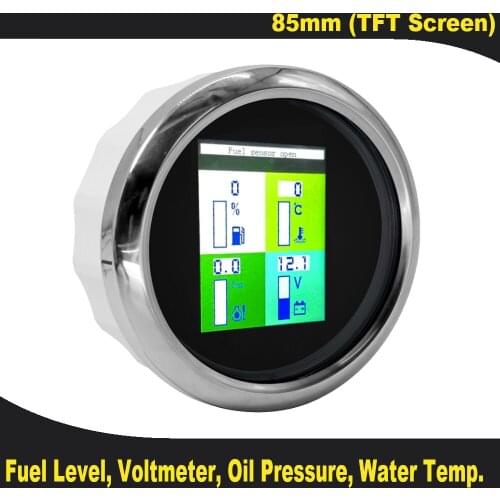 Universal Voltmeter 9~32V Fuel Level Water Temp Oil Pressure 10 Bar 4 in 1 Auto Marine Multi-functional Gauge with Alarm TFT