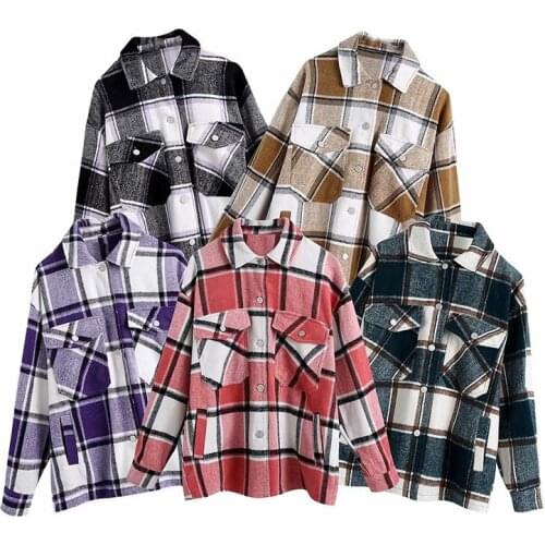 PUWD Vintage Women Loose Plaid Patchwork Woolen Shirt Coat 2020 Fashion Ladies Autumn Oversized Jacket Female Casual Outerwears