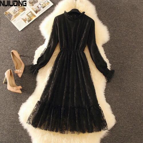 Womens Thick Warm Lace Dresses Autumn Winter Long Sleeve Solid Mid-Length Ruffles Stand Collar Dress Femee Vestidos Mujer Party