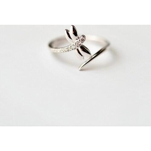 Elegant Jewelry Fine 925 Sterling Silver Fresh Zircon Dragonfly Opening Rings for Women Korean Style Anillos Wedding Ring SR264