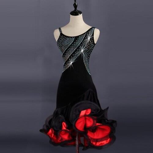 Svitania Latin Dance Dress LadiesVelet and Organza Rhinestone Sleeveless Dance Skirt Samba ChaCha Salsa Stage Dancewear S-2XL