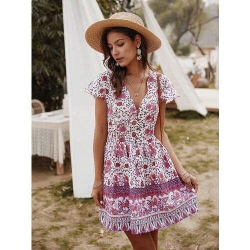Deenor Vintage Floral Print Dress V-neck Buttons Sexy Mini Dress Elegant Cottagecore Party Sundress Summer Woman 2021
