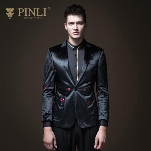 Free shipping New fashion mens male autumn Autumn slim black suit jacket Spring slim velvet embroidered blazer B183606612