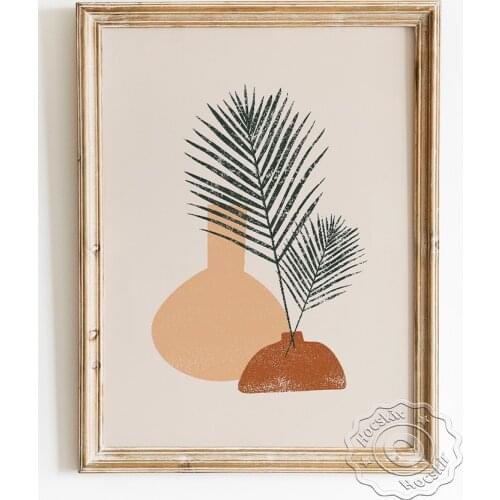 Terracotta Pot Still Life Poster, Palm Leaf Vase Art Prints, Abstract Clay Pottery Wall Picture, Hotel Apartment Decor Painting