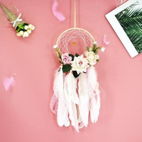 Exquisite Feather Wind Bell Dreamcatcher Flower Lace Handmade Craft Wedding Party Room LED Pendent Hanging Decoration