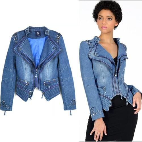 Punk Rivets Design Motorcycle Short Jacket Outerwear Female Long Sleeve Loose Streetwear Jeans Jackets Coat Plus Size 6XL
