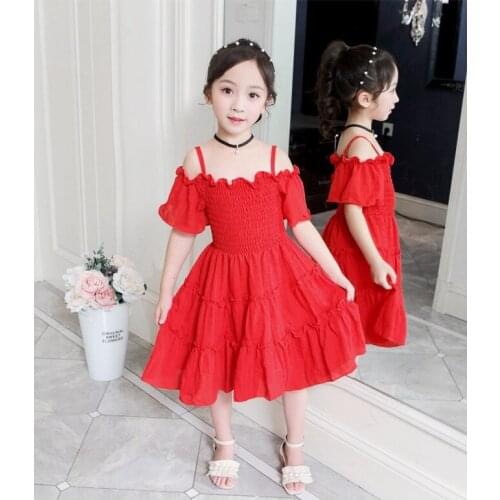 Summer 5-10 years old girl baby dress new fashion childrens clothing little girl red solid color dress child princess dress