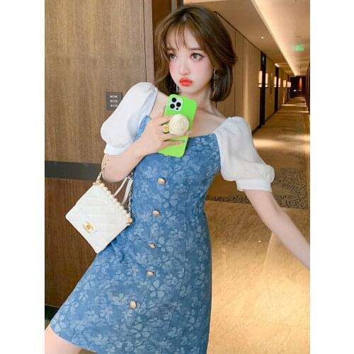 Fashion splicing hubble-bubble sleeve party brought new jacquard denim dress female summer