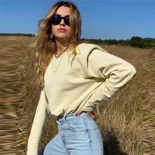 2021 New Fashion Autumn Sweatshirts Women’s Shoulder Pad Hoodies Casual Long Sleeve Crewneck Solid Color Loose Blouse Wear Lady