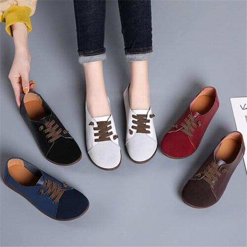 2021 New Women Lace Up PU Leather Spring Flat Loafers Ladies Comfort Light Casual Shoes Woman Platform Fashion Falts Shoe Female