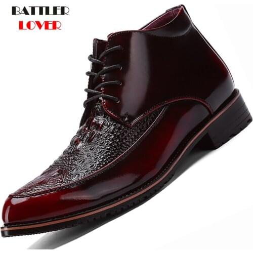 New Fashion Brogue Boots Men Crocodile Leather Bottes Winter Autumn Shoes Lace-up Male Dress Shoe Handmade Formal Business Shoes