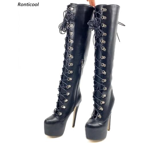Ronticool New Women Winter Platform Knee Boots Side Zipper Stiletto Heels Round Toe Black Night Club Shoes Plus US Size 5-20