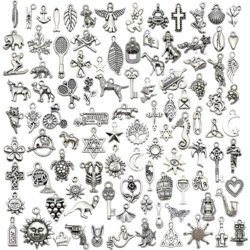 100 Pieces Wholesale Bulk Mixed Charms Antique Silver Pendants for DIY Necklace Bracelets Earring Making