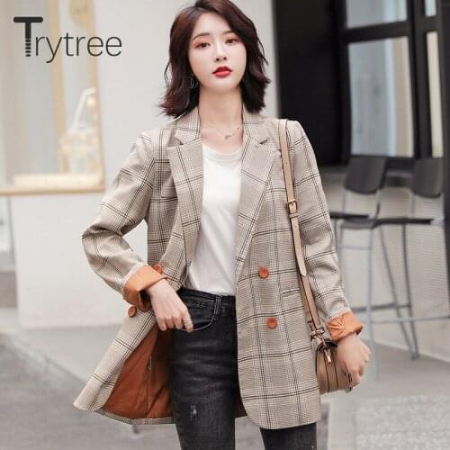 Trytree Autumn Winter Women Coat Casual Turn-down Collar Double Breasted Plaid Office Lady Coats Pockets Color Button Suit Coat