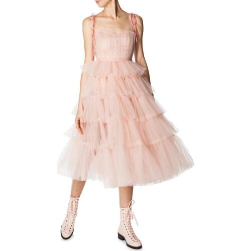 Simple Classic Pink Spaghetti Strap Dress Tulle Layered Ruffles Strappy Dress Tea Length Women Dresses Custom Made