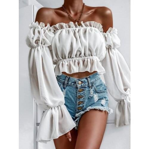 RMSFE 2021 Womens Wear One Line Collar Long Sleeve Bubble Sleeve Trendy Popular Printing Versatile Fashion Temperament Shirt
