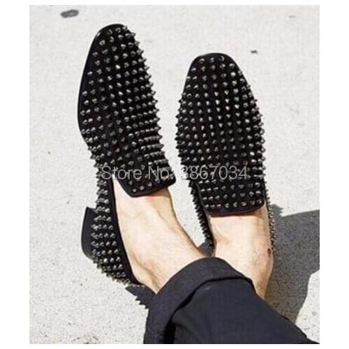 SHOOEGLE Brand Designer Men Flats Shoes Spiked Studded Mens Loafers Slip On Rivets Men Prom Party prom Shoes