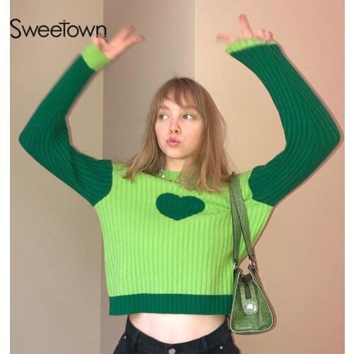 Sweetown Green Heart Print Kawaii Knitted Oversized Pullovers Women Pink Patchwork Cute Y2K Sweaters Casual Loose Korean Jumpers