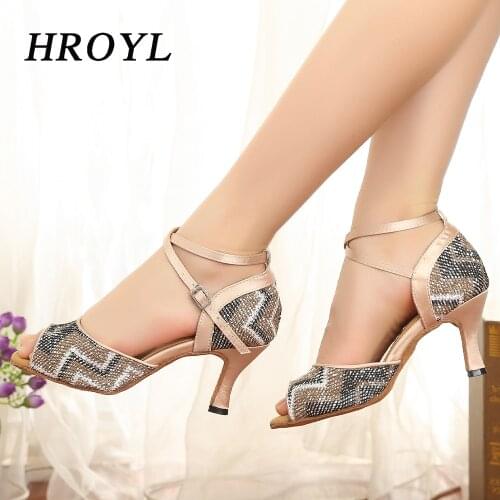 HROYL Latin Dance Shoes For Women Blue And Gold African print Salsa Dance Shoes Womens Ballroom Dance Sandal