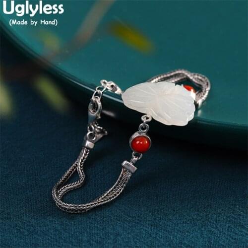 Uglyless 100% Real Hetian Jade Butterfly Bracelets for Women Multi Layers Thai Silver Chains Bracelet 925 Silver Insects Jewelry