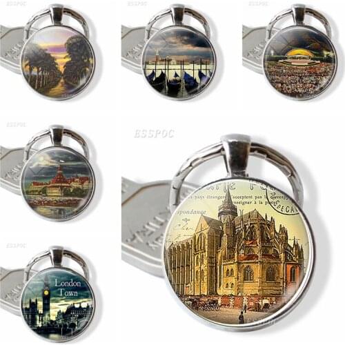 Vintage City Image Metal Key Chain Paris Venice California Coronado San Diego London Town Image Glass Pendant Traveller Gift