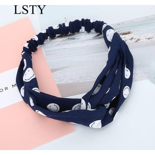 Women Headband Vintage Cross Knot Elastic Hair Bands Soft Print Smile Girls Hairband Hair Accessories