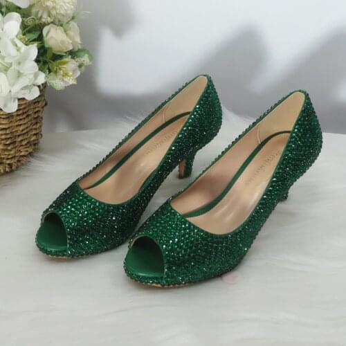 BaoYaFang Green Crystal Bridal Summer Sandal Woman High heel Platform Shoes Ladies Big size Open Toe Party wedding shoes Bride